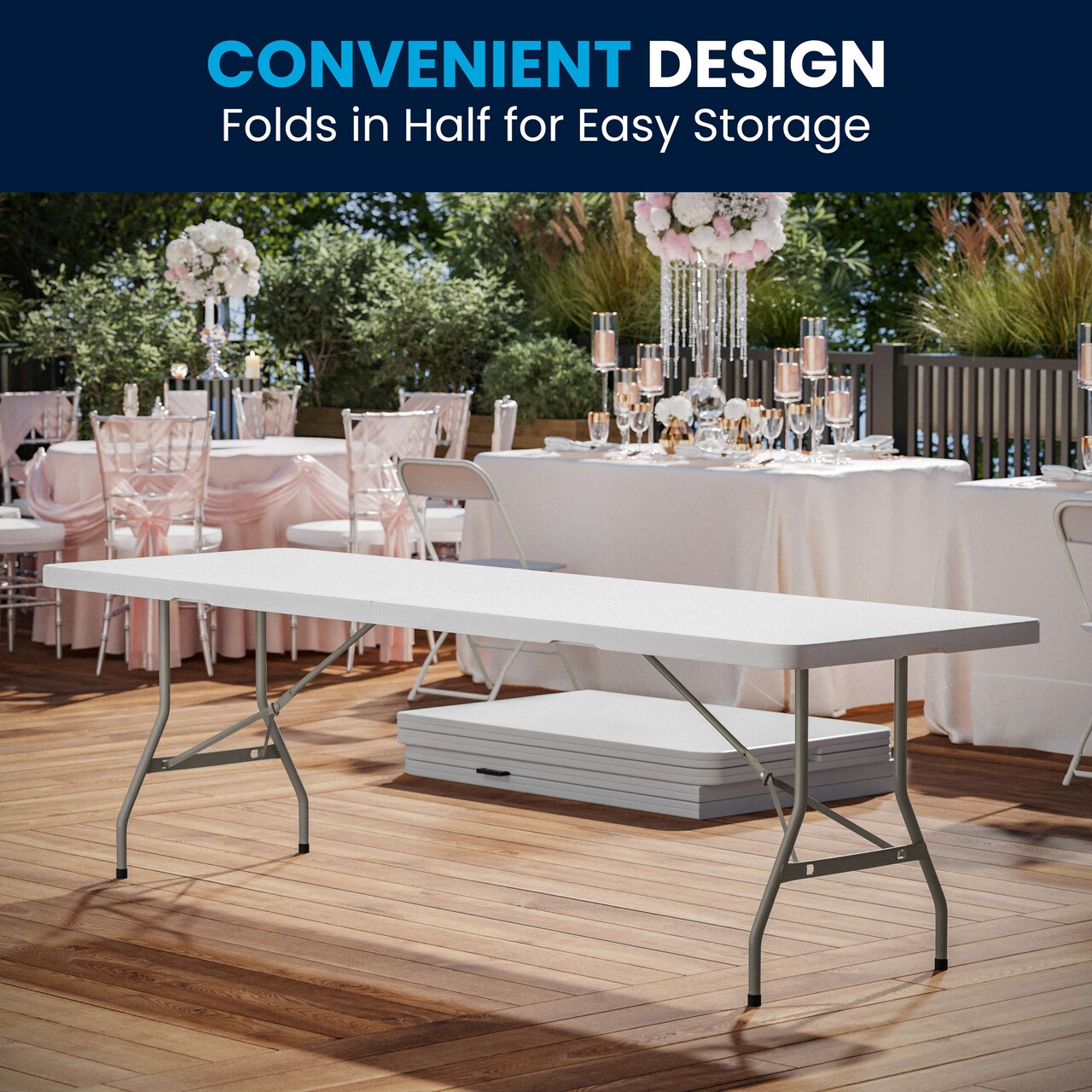 Emma and Oliver 8-Foot Bi-Fold Plastic Banquet and Event Folding Table with Carrying Handle